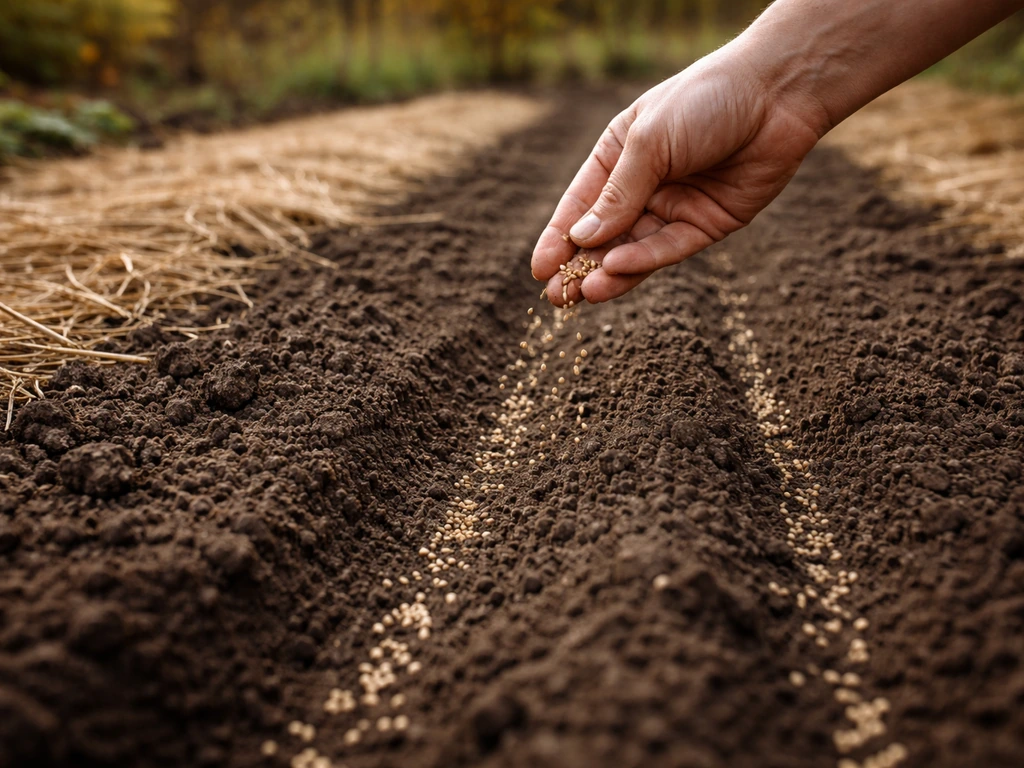 Main épandant des graines en bandes sur une terre fraîchement préparée, vue ras du sol.