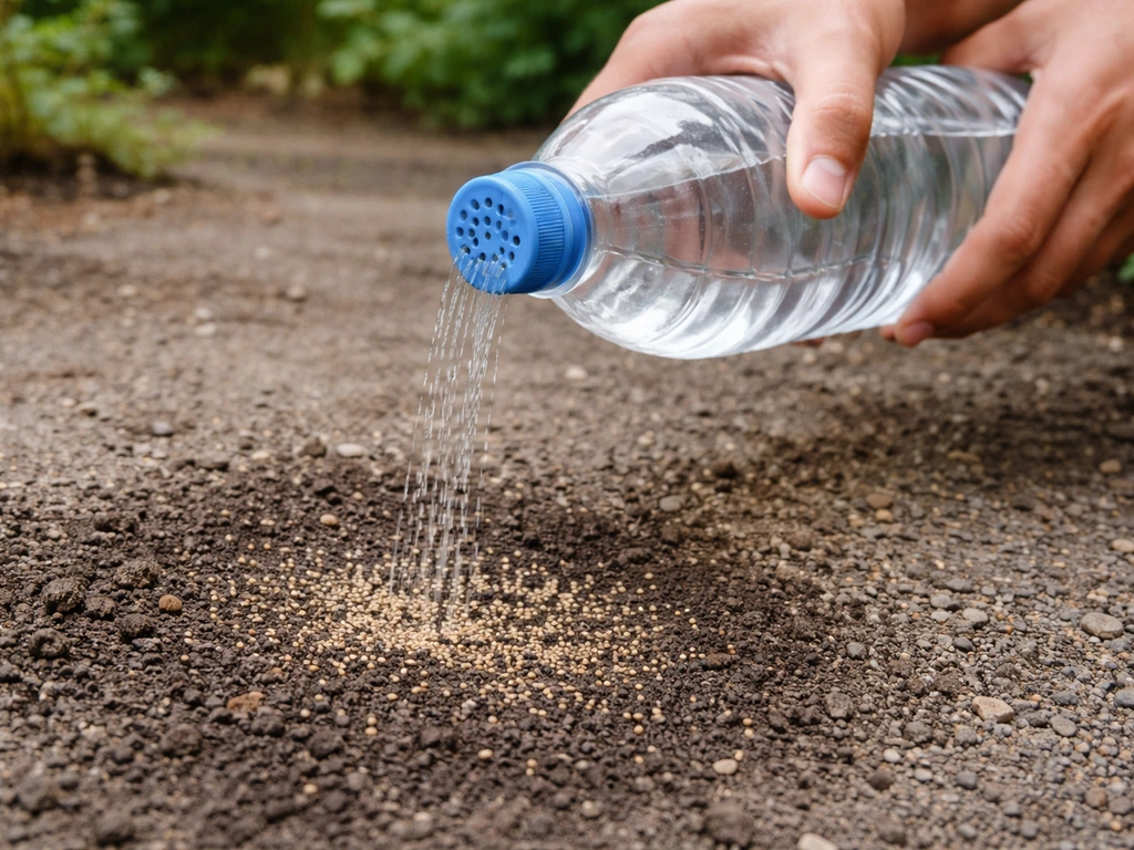Une bouteille plastique perforée arrose le sol d’une petite zone, en montrant clairement le débit et la terre semée.