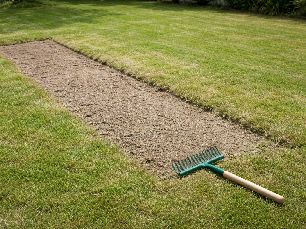 Zone de pelouse tondue très ras et sol dégagé près d’une zone à regarnir, outils simples à côté.