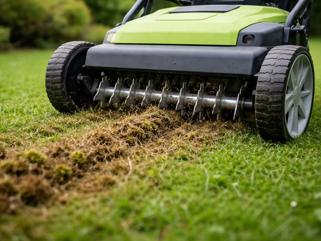 Gros plan sur un scarificateur à roulettes qui incise le gazon, révélant la couche de chaume