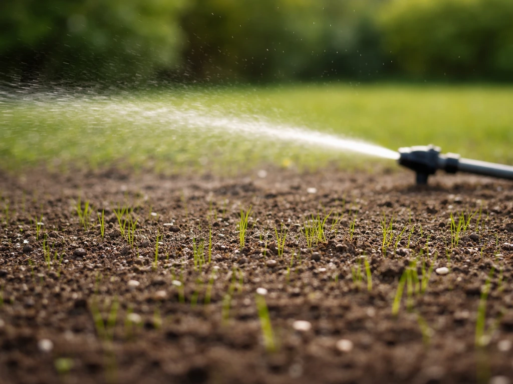 Pelouse en germination : arrosage doux au jet fin gardant la terre humide, puis jeunes pousses vertes.