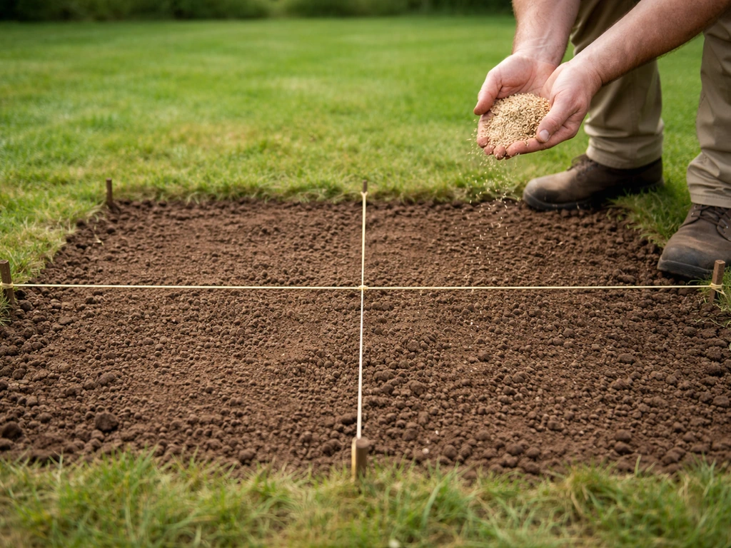 Terre de jardin ratissée avec une corde formant deux lignes perpendiculaires et des graines de gazon à semer.