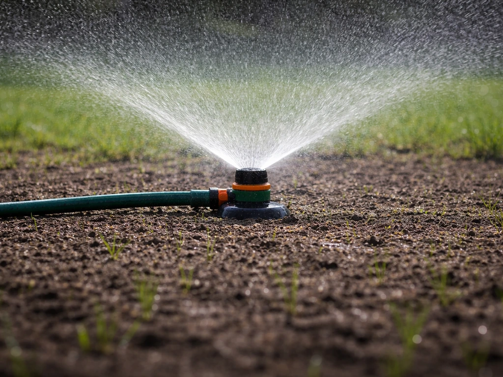 Arroseur en action projetant une pluie fine sur une pelouse fraîchement semée, sol humide visible.