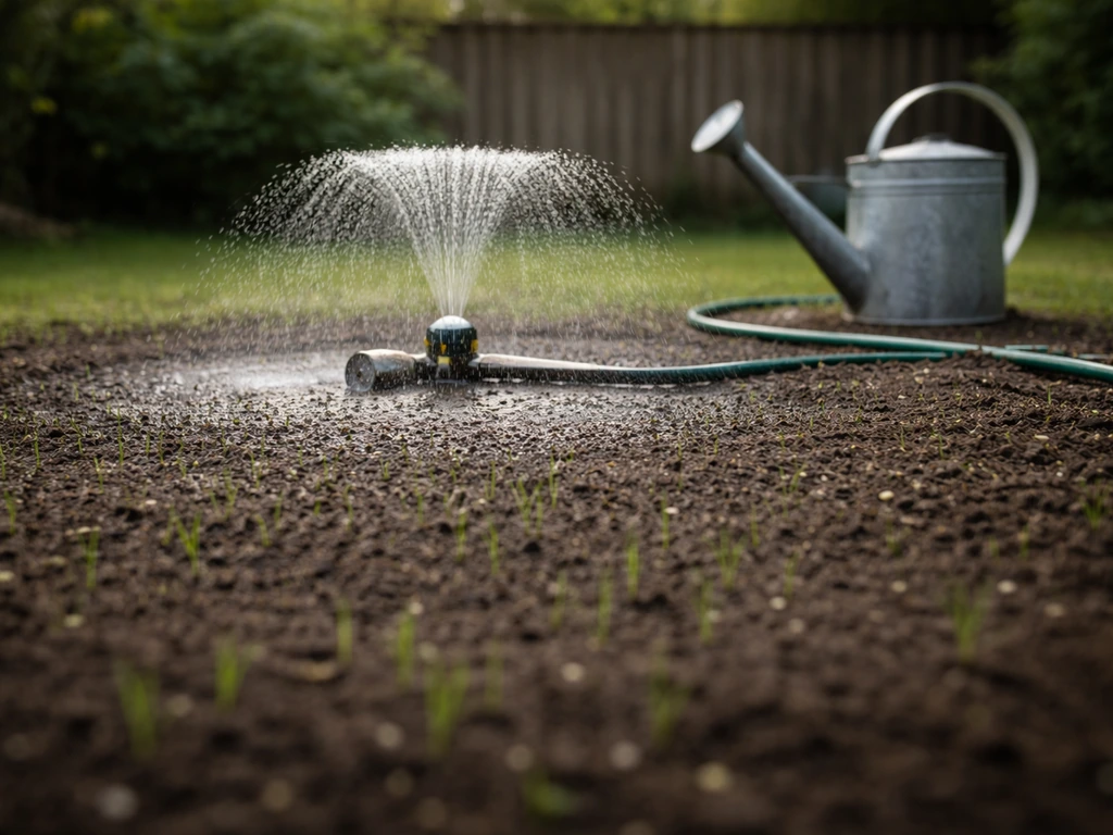 Arrosage doux d’une pelouse juste après semis, sol humide et jeunes pousses, jardin minimal.