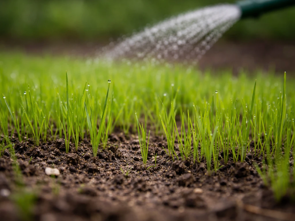 Jeune gazon vert avec pousses de 3 à 5 cm et terre humide, suggérant un arrosage espacé.