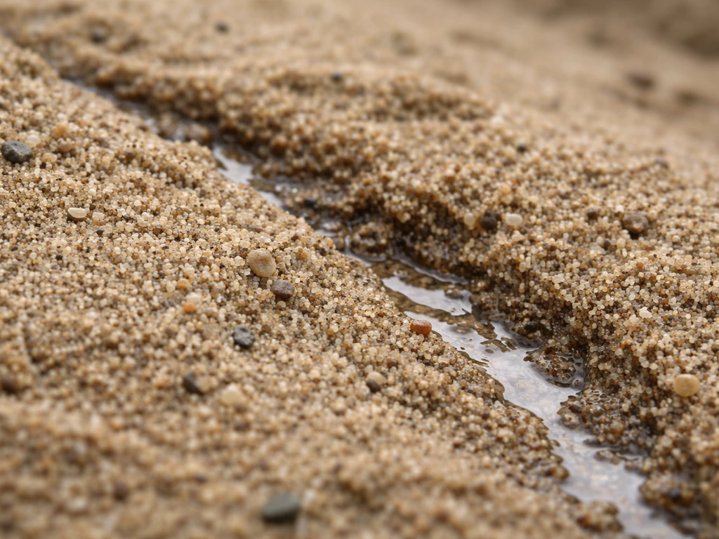Gros plan de sable au sol avec de larges vides entre les grains et l’eau qui s’infiltre rapidement.