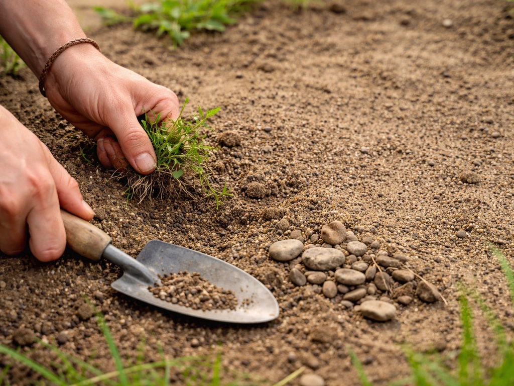Mains anonymes qui arrachent de petites herbes sur un sol sableux, avec retrait de pierres et débris.