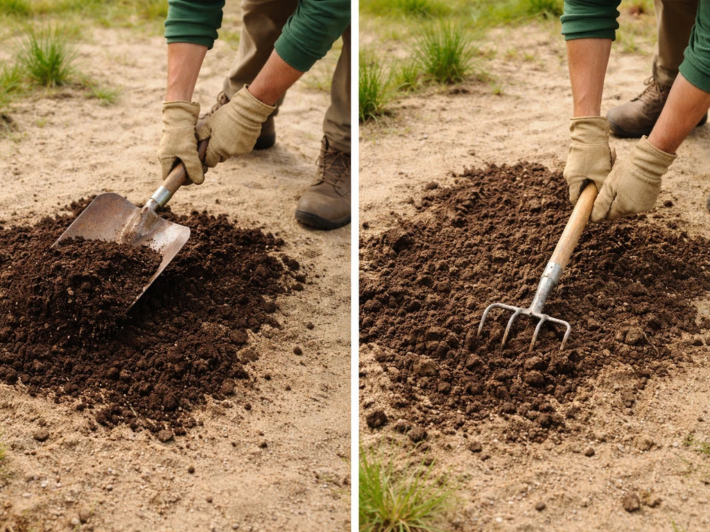 Jardinier étale du compost mûr sur une parcelle sableuse puis le mélange sur quelques centimètres.