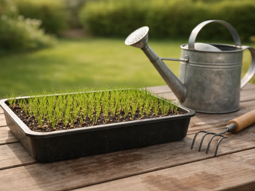 Semis de gazon en jardinière avec arrosoir, dans un jardin au printemps, prêt pour une première tonte.