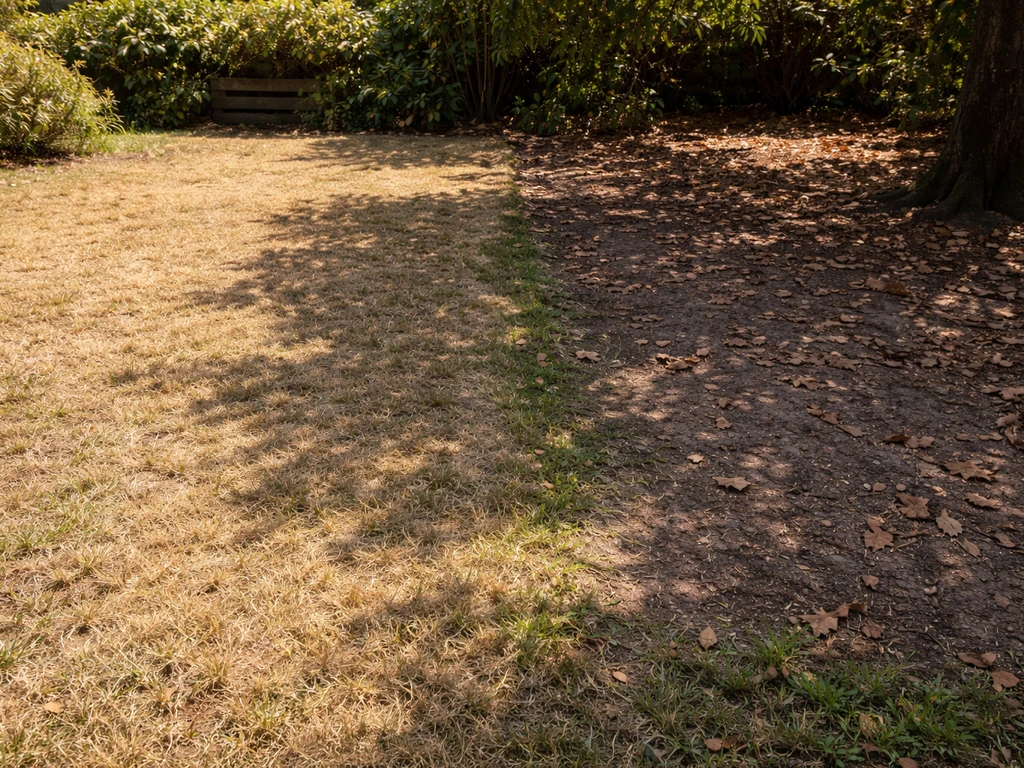 Jardin avec deux zones contrastées : plein soleil et ombre d’arbre, sol nu prêt à être semé.