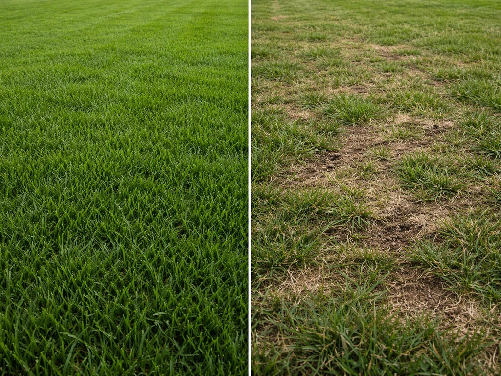 Cadrage avant/après d’une pelouse : zone très dense à gauche, zones clairsemées et abîmées à droite.