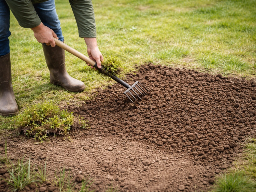 Jardinier anonyme dégage mousse et mauvaises herbes puis décompacte légèrement le sol avant un sursemis.