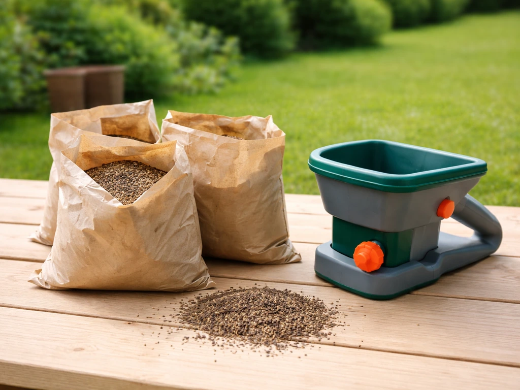 Sacs de semences de graminées ouverts et doseur manuel sur une table, ambiance jardin.