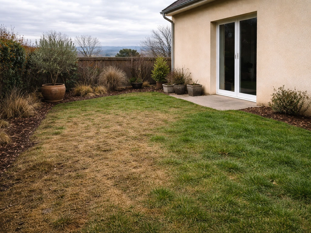 Petit jardin d’hiver avec pelouse brunie et zone encore verte, sol humide, ciel clair