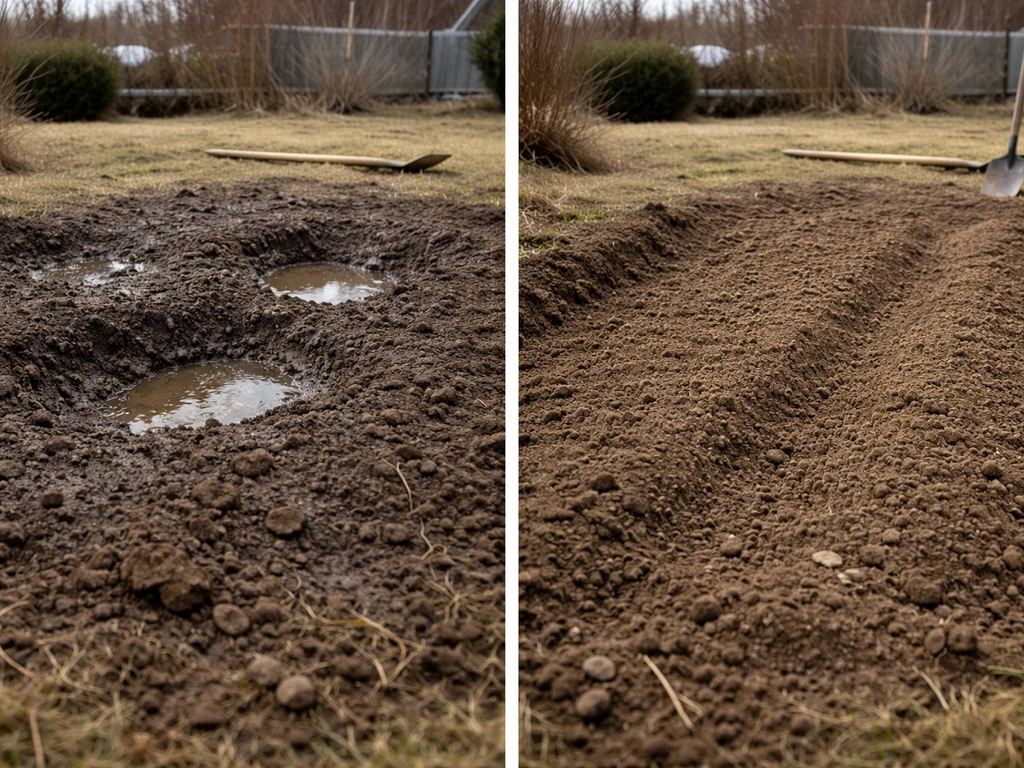 Terrain de jardin nivelé avec légère pente et zones basses corrigées pour éviter la stagnation d’eau.