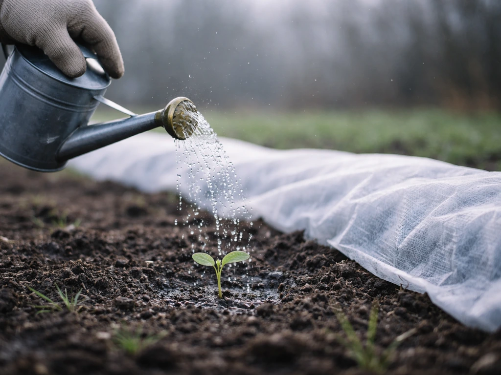 Main gantée arrosant doucement un semis d’hiver, voile non tissé au sol pour protéger du gel.