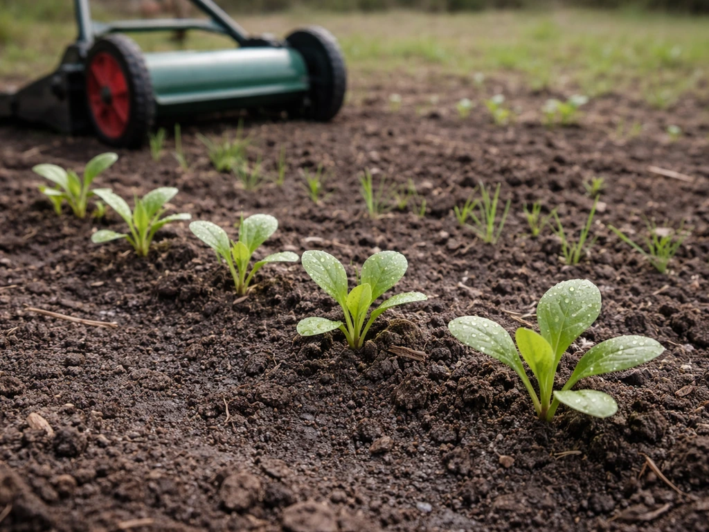 Jeunes pousses de semis d’hiver au ras du sol, avec une tondeuse manuelle posée à côté pour la première tonte.