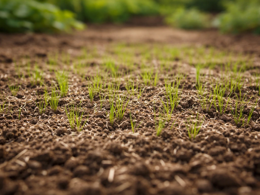Gros plan sur des graines et jeunes pousses de gazon rustique dans un sol finement préparé.