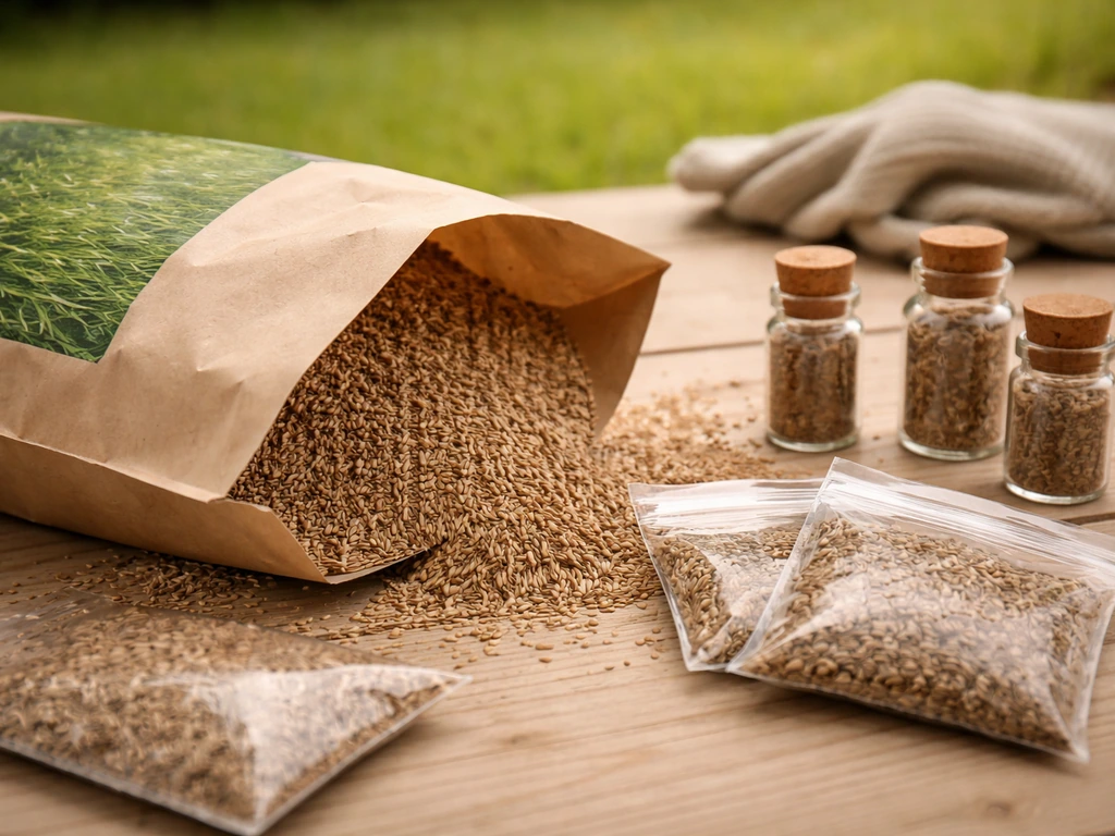 Gros plan de graines de semence de gazon rustique et sachets sur une table, sans texte lisible.
