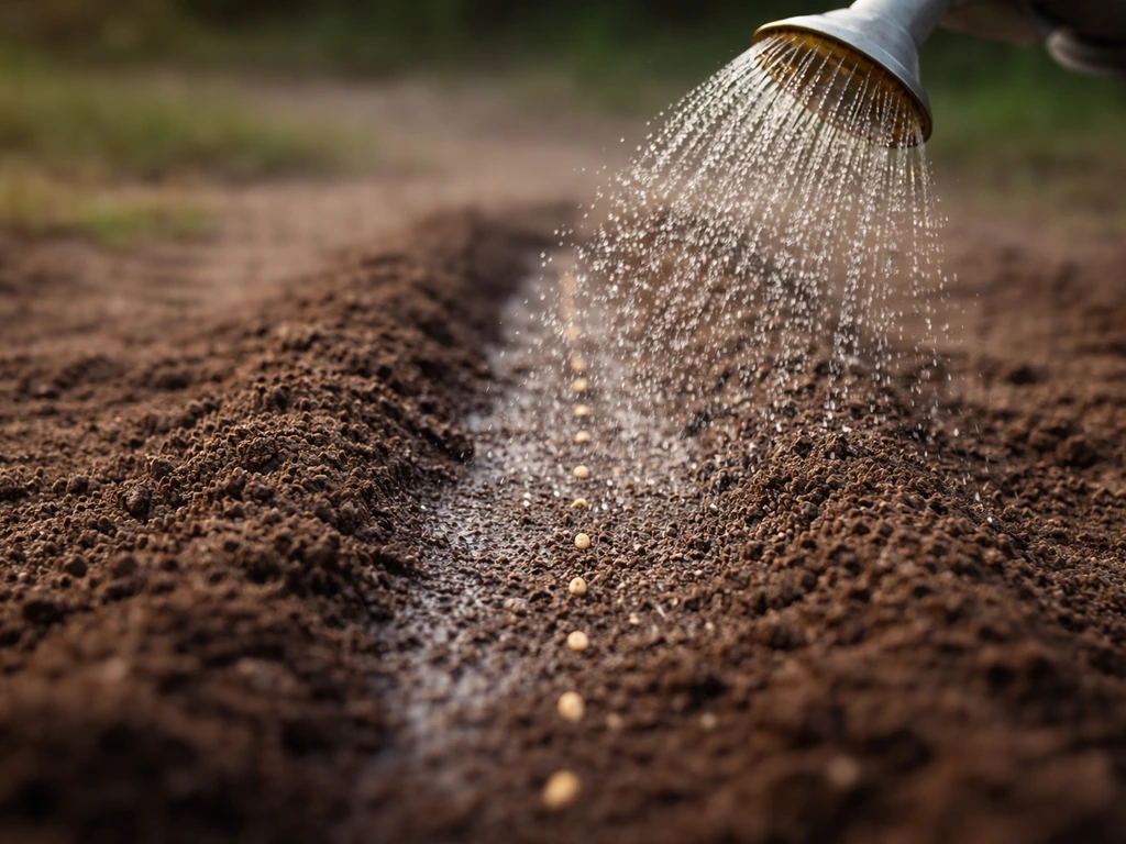 Jeune potager fraîchement semé : pluie fine d’arrosage sur la terre, juste après le semis