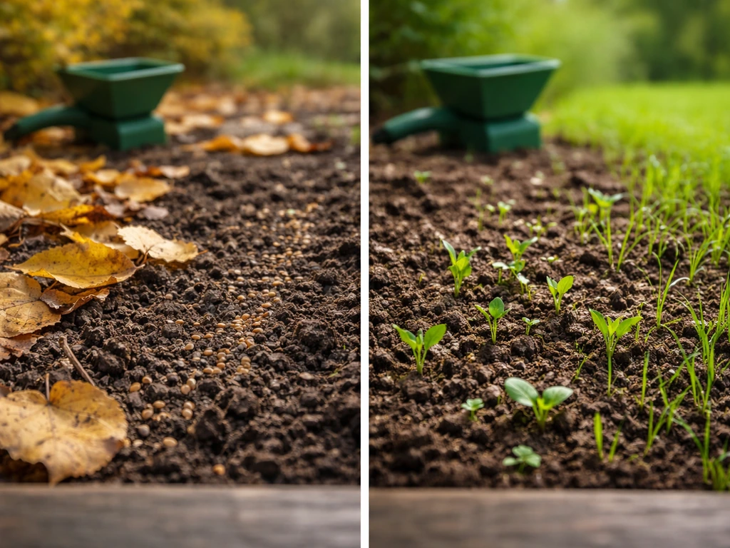 Deux côtés d’un jardin : feuilles d’automne et redémarrage printanier, avec un semoir discret, sans texte.