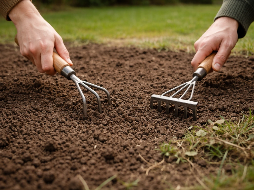 Jardinier qui désherbe et prépare le sol avant de semer, outils à la main, sol finement ameubli