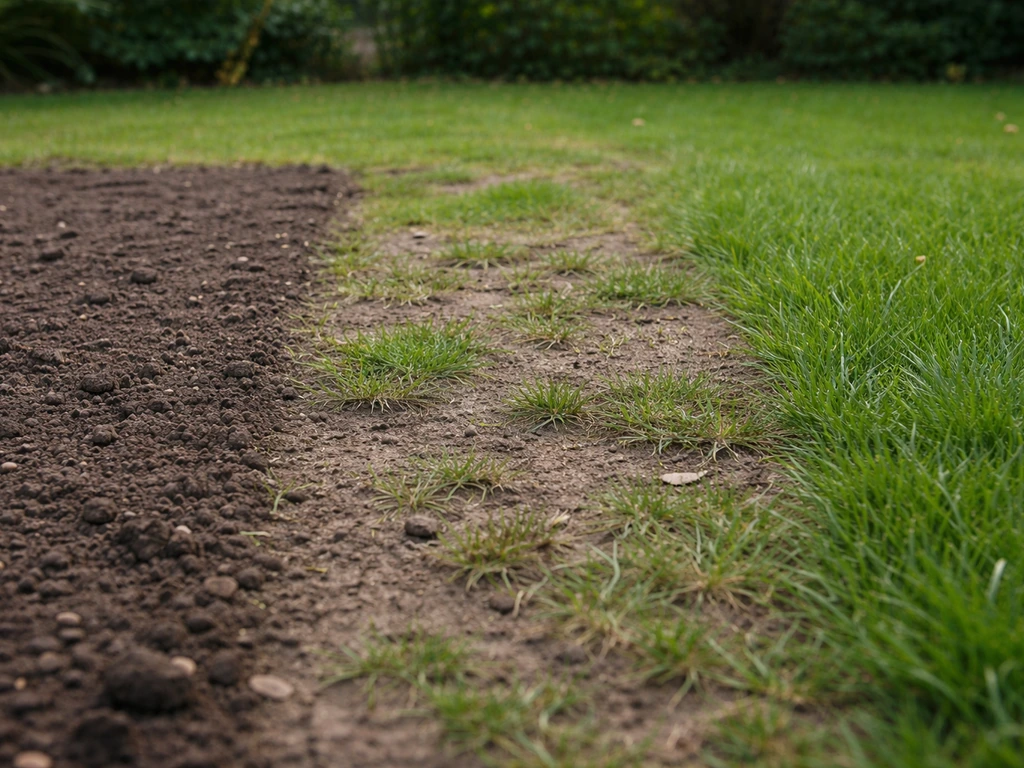 Trois petites zones de gazon au sol : sol nu, zones dégarnies et pelouse existante avec jeunes brins, ambiance jardin.