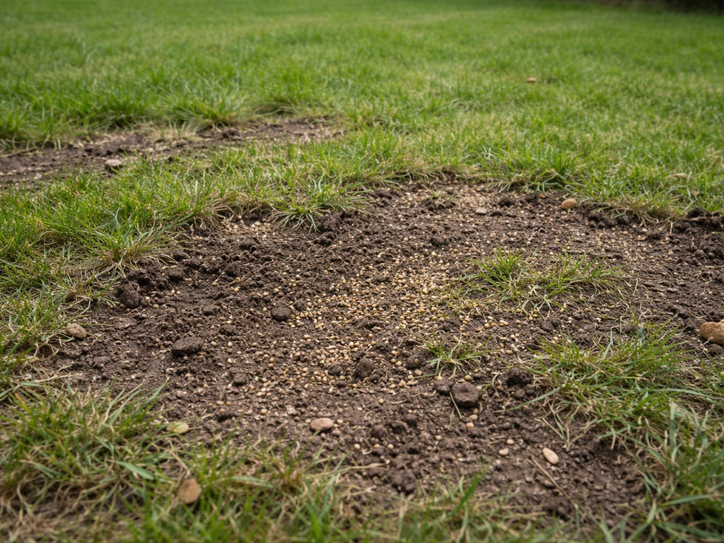 Gazon abîmé avec zones grattées et sursemis visibles, herbe existante autour.