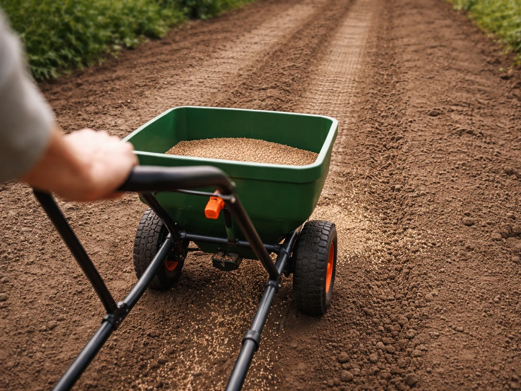 Épandeur à semences qui répand des graines sur une terre de jardin, pour illustrer un passage en croisé.