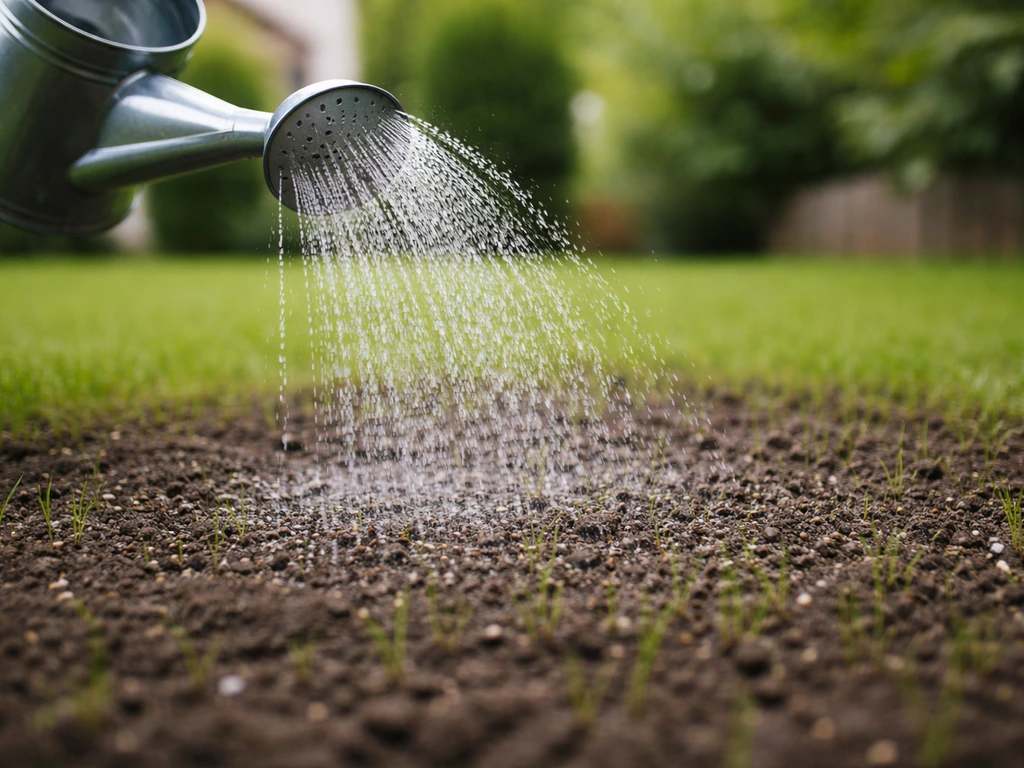 Pluie fine sur une pelouse fraîchement semée, sol légèrement humide pour favoriser la germination
