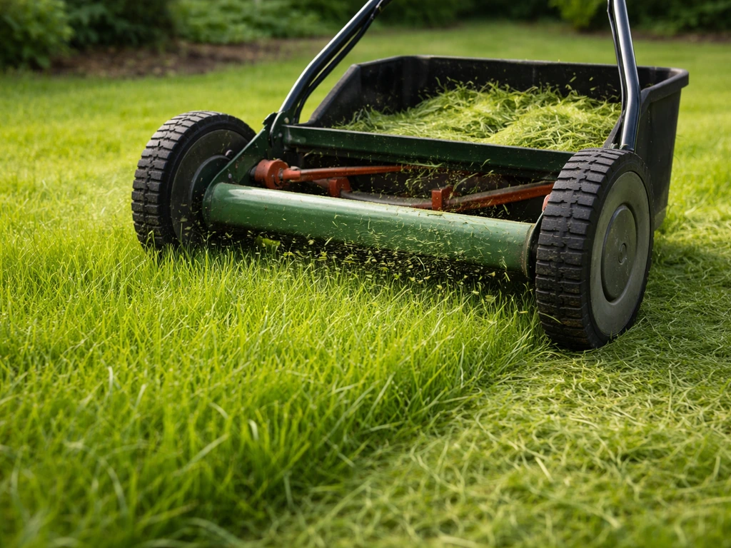 Première tonte : tondeuse réglée coupant un gazon fraîchement levé à 8–10 cm, pelouse nette au premier plan.