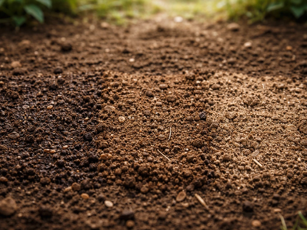 Gros plan de terre humide au printemps, avec une légère différence de coloration suggérant mai, juin et juillet