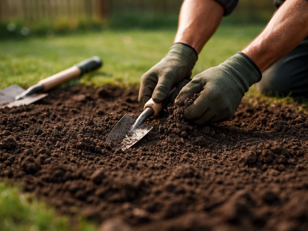 Mains émiettant une terre retournée pour préparer un sol meuble, sans grosses mottes, jardin discret.