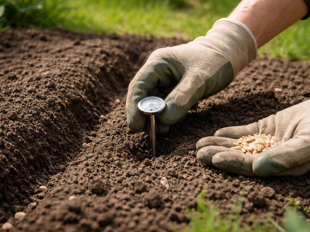 Un jardinier au sol vérifie avec un thermomètre et prépare la terre pour semer au printemps.