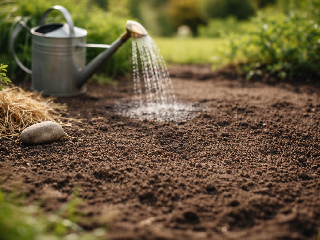 Sol de jardin prêt, arrosoir léger et gouttes sur la terre, printemps et sol qui se réchauffe