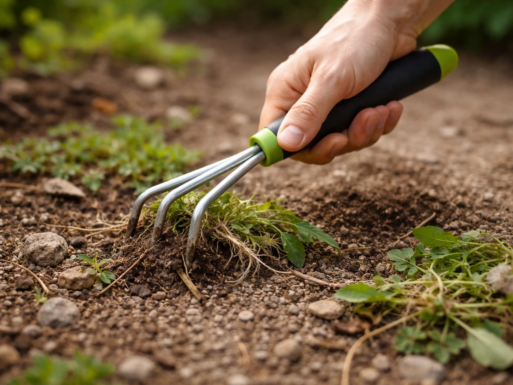 Main tenant une griffe désherbante retirant herbes et débris visibles au pied d’une surface à nettoyer