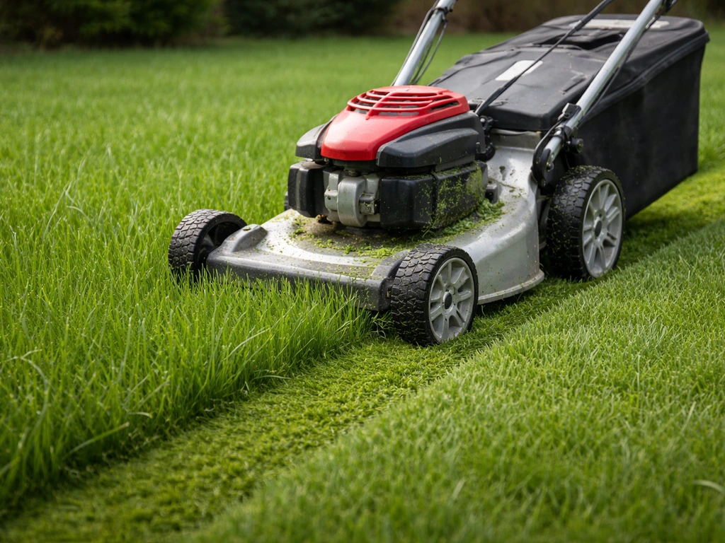 Tondeuse sur une jeune pelouse de 8 à 10 cm, coupe nette visible, brins d’herbe encore apparents.