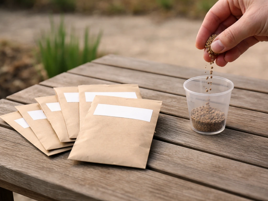 Sachets de semences et gobelet doseur sur une table en bois, avec des graines versées en mars.