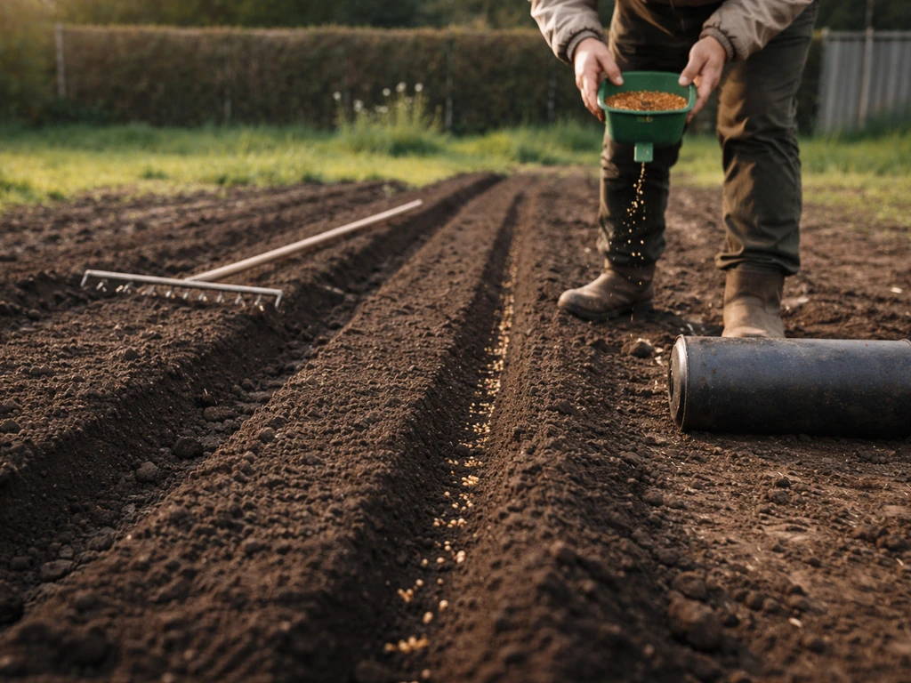 Semis au semoir manuel suivi d’un recouvrement léger pour assurer le contact graine-sol dans un potager.