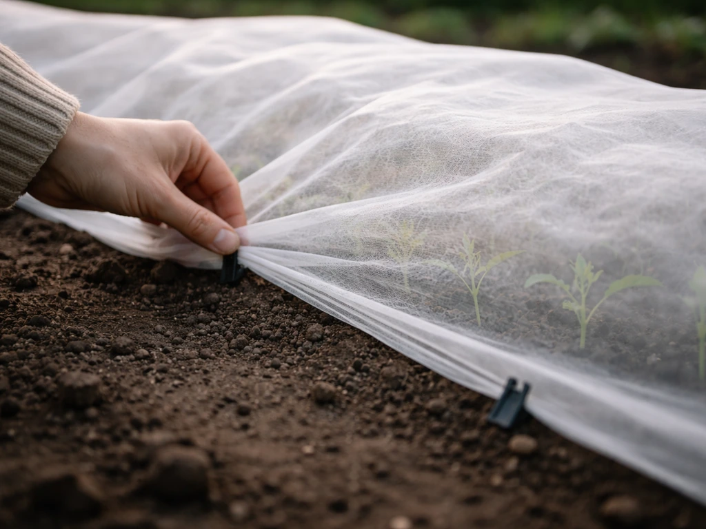 Jardinier utilisant un voile de forçage sur une rangée de semis, après une alerte au gel