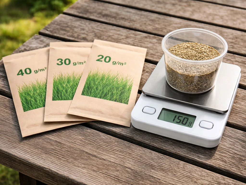 Table de jardinage avec sachets de semences de gazon et une petite boîte de dosage, repères chiffrés lisibles