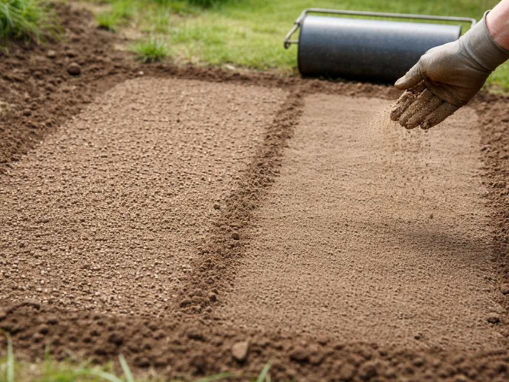 Avant/après sur un sol de jardin : semis à la volée, recouvrement léger puis passage d’un rouleau.