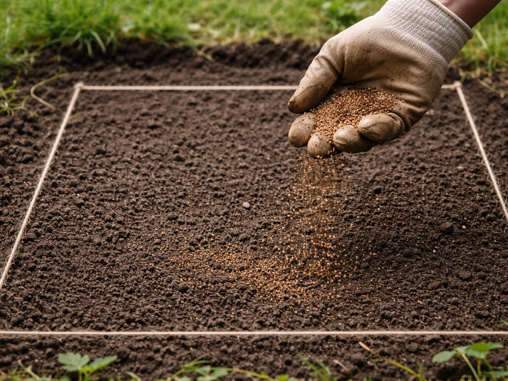 Main gantée qui sème des graines de trèfle sur une parcelle de terre, avec un repère discret de 1 m² au sol.
