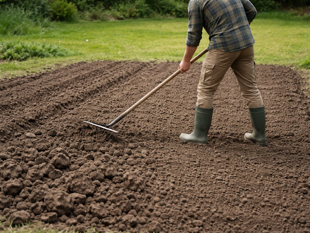 Terre bêchée et émiettée après motoculteur, mottes cassées et surface nivelée dans un potager.