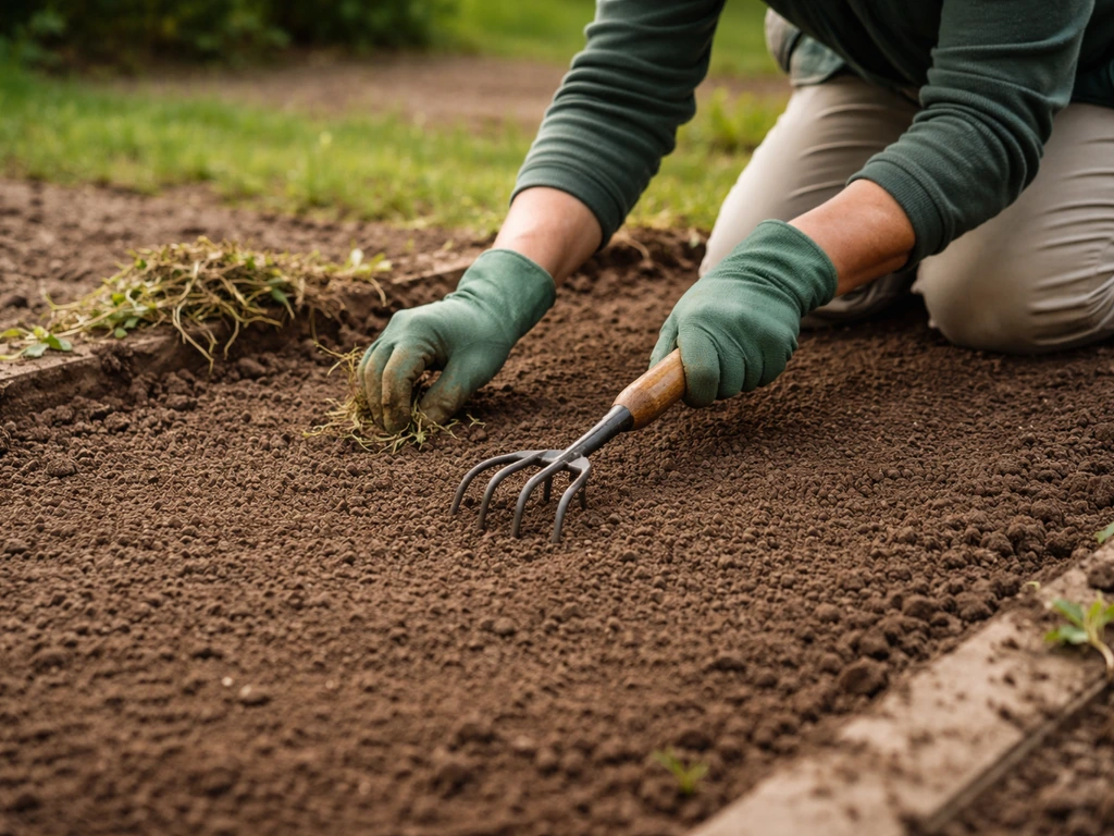 Lit de semence au potager : terre émiettée et nivelée, herbes arrachées avant semis, mains en action.