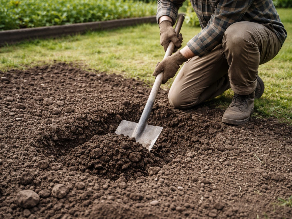 Un jardinier anonyme bêche la terre pour l’ameublir, sol aéré prêt pour le semis.