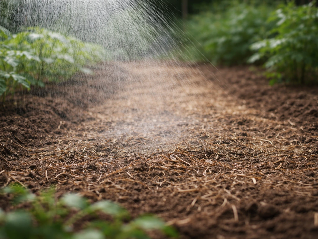 Arrosage en pluie fine sur une parcelle de jardin, sol couvert de paillage léger, aucune trace de ruissellement.