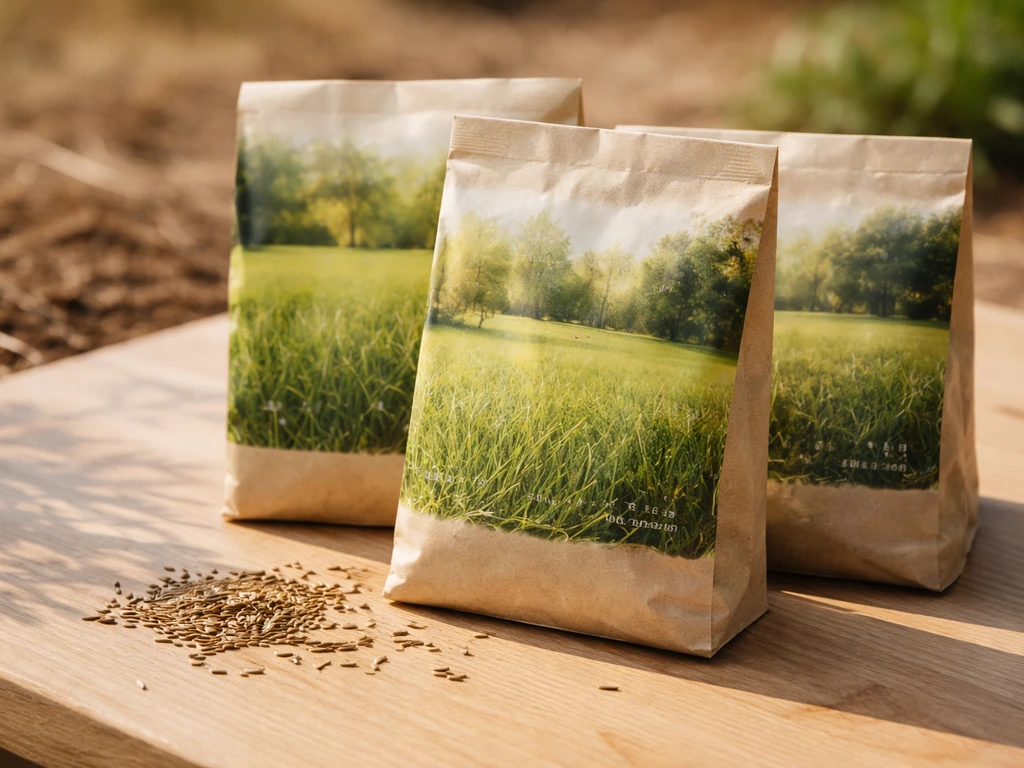 Gros plan sur des sachets de graines de gazon spécial été, ray-grass/fétuques, avec graines au premier plan.