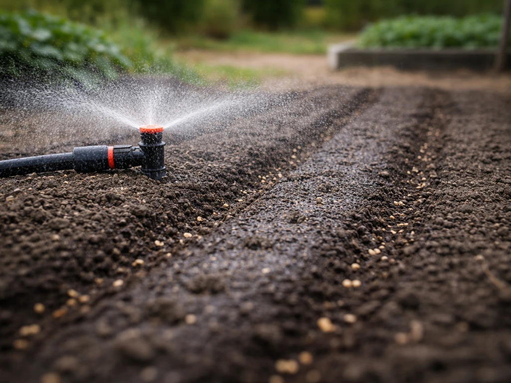 Pluie fine d’un arroseur sur une terre fraîchement semée, humidifiant les premiers centimètres sans ruissellement.