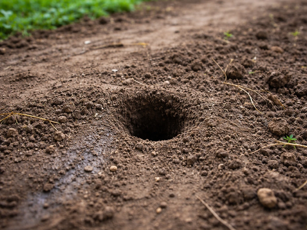 Petit trou dans la terre de jardin, traces de piétinement et zones plus humides à inspecter avant de semer
